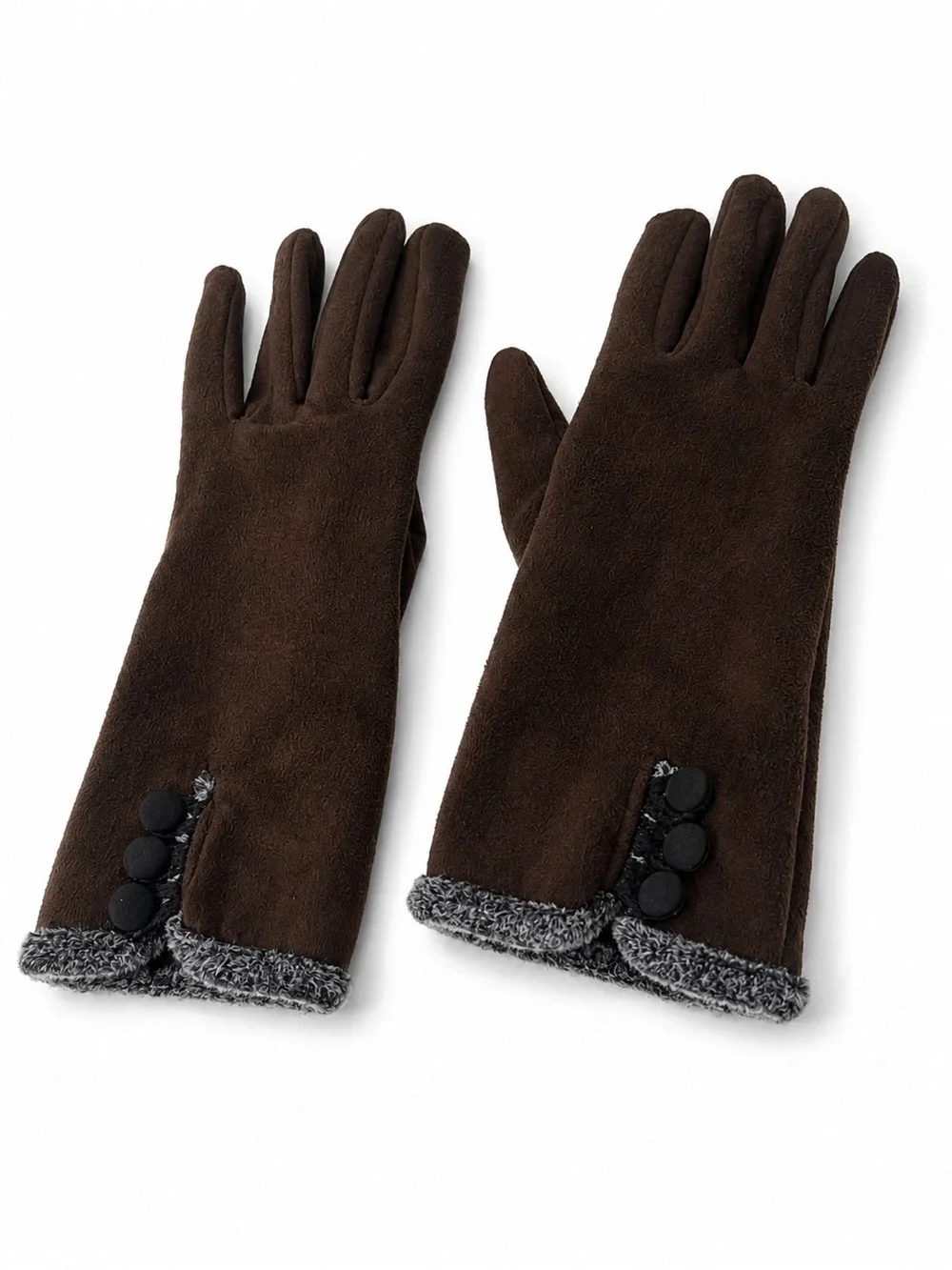 ONE SIZE Brown Faux Suede Fleece Lined Winter Gloves Button Cuff